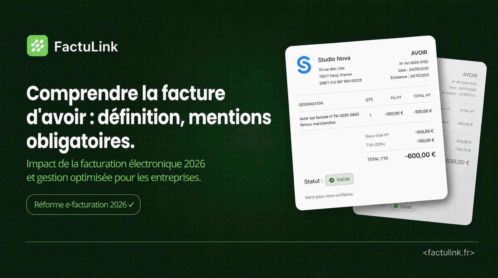 Bannière FactuLink présentant un exemple de facture d'avoir.Bannière FactuLink présentant un exemple de facture d'avoir.